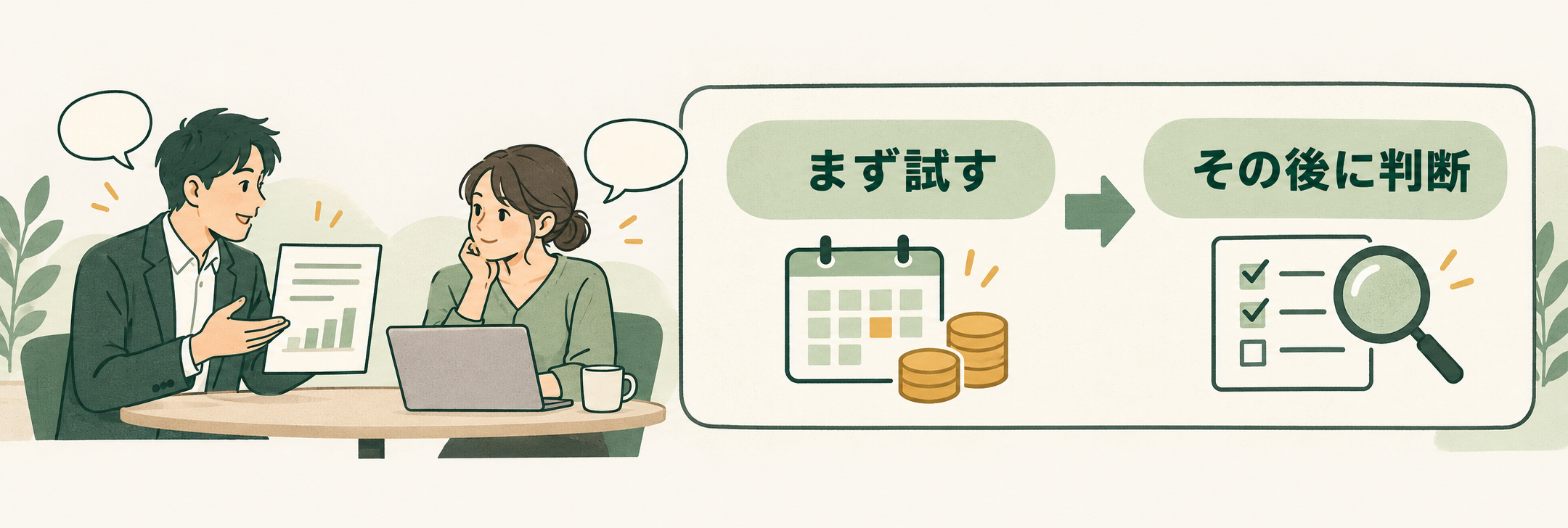 社内で試用の期間と費用を相談し、まず試してから継続を判断する流れを共有するイメージ