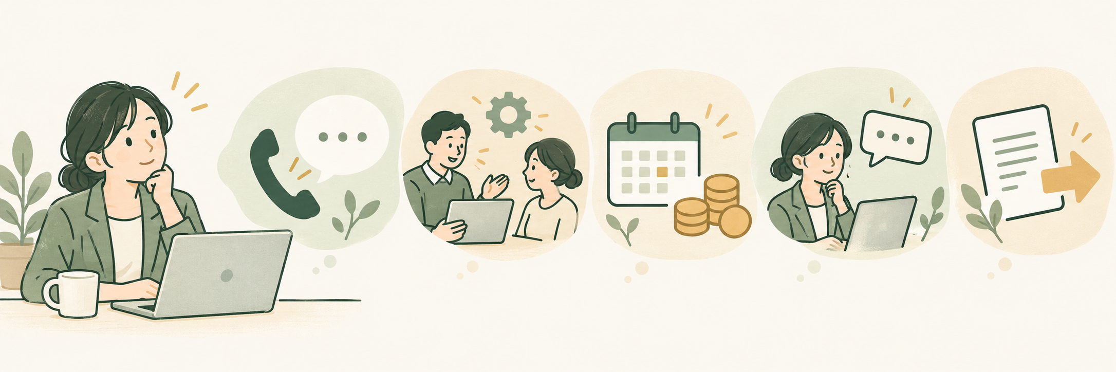 問い合わせ、導入支援、毎月の費用、無料体験後の判断、解約手続きについて考える担当者のイラスト
