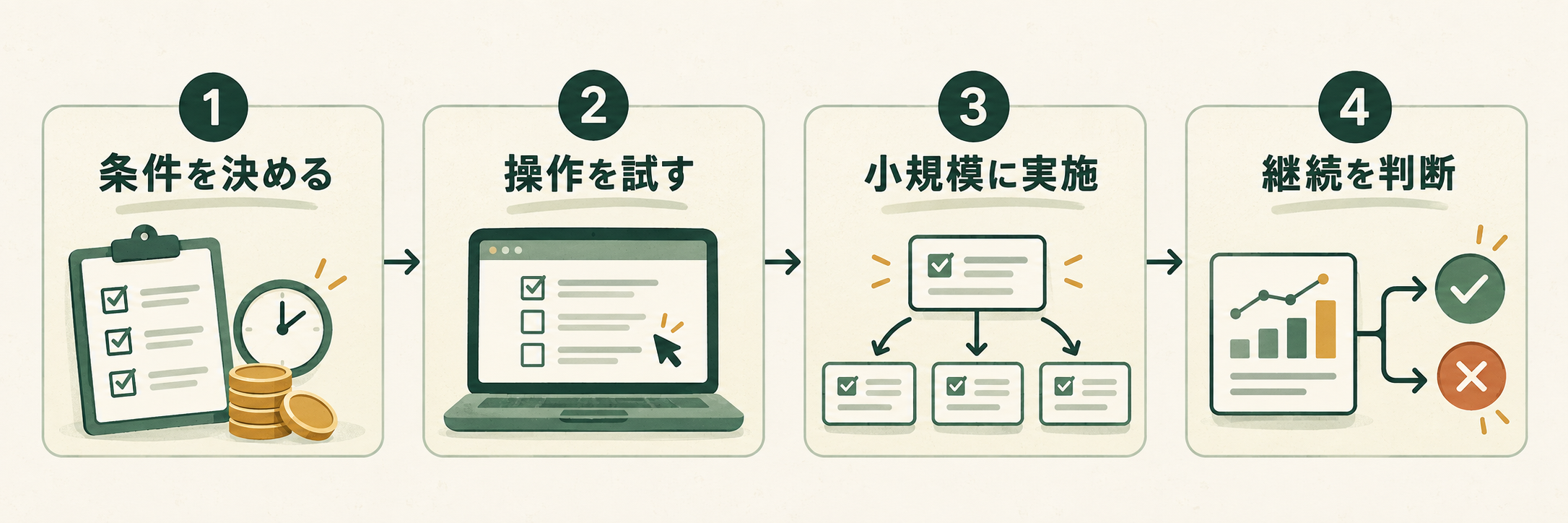 条件を決める、操作を試す、少人数で実施する、継続を判断する4つのステップ